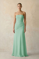 Pale Pistachio Sheath Chiffon Strapless Pleated Bridesmaid Dress in Matcha - KISS BRIDAL Bridesmaid Dresses