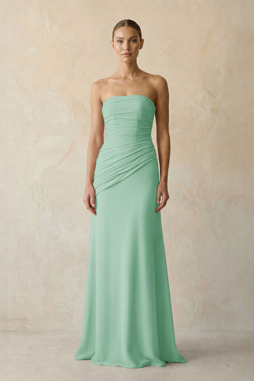 Pale Pistachio Sheath Chiffon Strapless Pleated Bridesmaid Dress in Matcha - KISS BRIDAL Bridesmaid Dresses