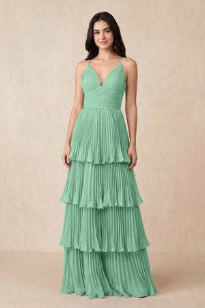 Tiered Pleated V - Neck A - Line Chiffon Bridesmaid Dress in Pale Pistachio - KISS BRIDAL Bridesmaid Dresses