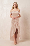 Off - the - Shoulder Sheath Velvet Midi Bridesmaid Dress in Pale Blush - KISS BRIDAL Bridesmaid Dresses
