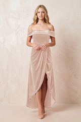 Off - the - Shoulder Sheath Velvet Midi Bridesmaid Dress in Pale Blush - KISS BRIDAL Bridesmaid Dresses