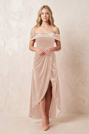 Off - the - Shoulder Sheath Velvet Midi Bridesmaid Dress in Pale Blush - KISS BRIDAL Bridesmaid Dresses