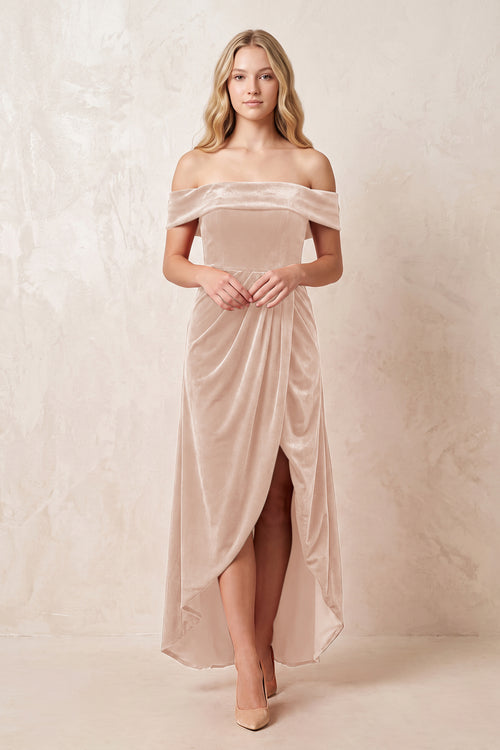 Off - the - Shoulder Sheath Velvet Midi Bridesmaid Dress in Pale Blush - KISS BRIDAL Bridesmaid Dresses