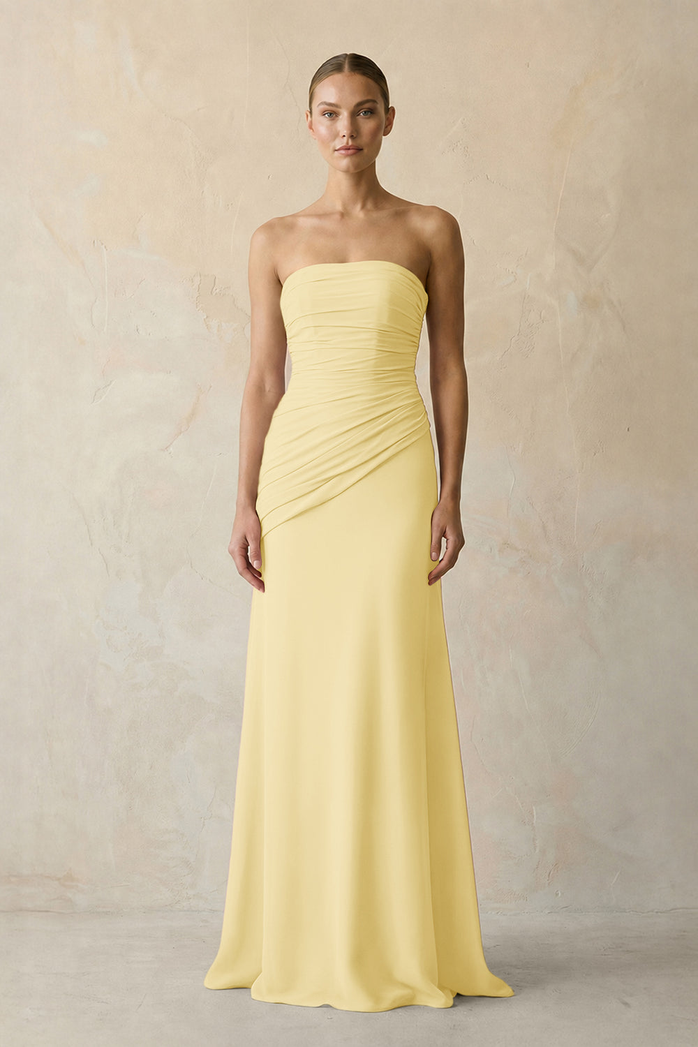 Sheath Chiffon Strapless Pleated Bridesmaid Dress in Pastel Yellow