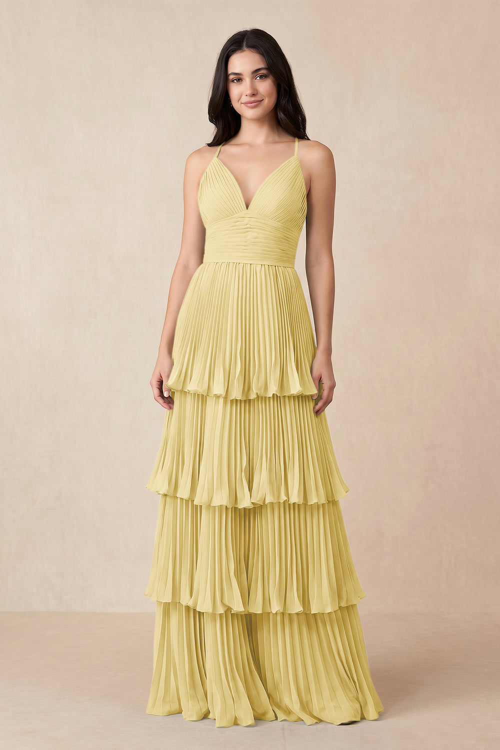 Tiered Pleated V-Neck A-Line Chiffon Bridesmaid Dress in Pastel Yellow