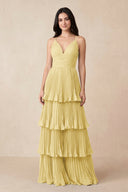 Tiered Pleated V - Neck A - Line Chiffon Bridesmaid Dress in Pastel Yellow - KISS BRIDAL Bridesmaid Dresses