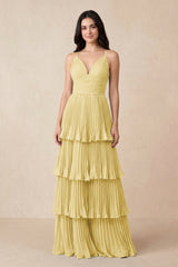 Tiered Pleated V - Neck A - Line Chiffon Bridesmaid Dress in Pastel Yellow - KISS BRIDAL Bridesmaid Dresses