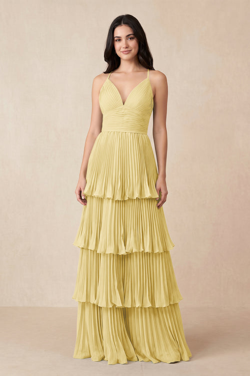 Tiered Pleated V - Neck A - Line Chiffon Bridesmaid Dress in Pastel Yellow - KISS BRIDAL Bridesmaid Dresses