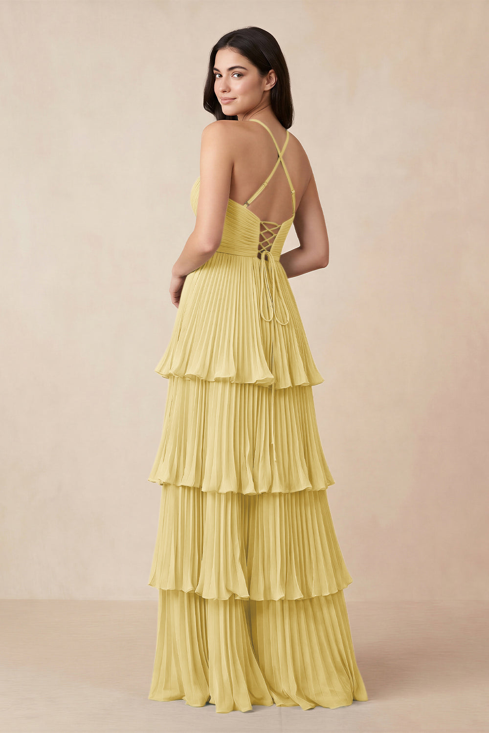 Tiered Pleated V-Neck A-Line Chiffon Bridesmaid Dress in Pastel Yellow