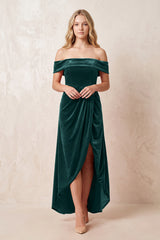 Off - the - Shoulder Sheath Velvet Midi Bridesmaid Dress in Pine - KISS BRIDAL Bridesmaid Dresses