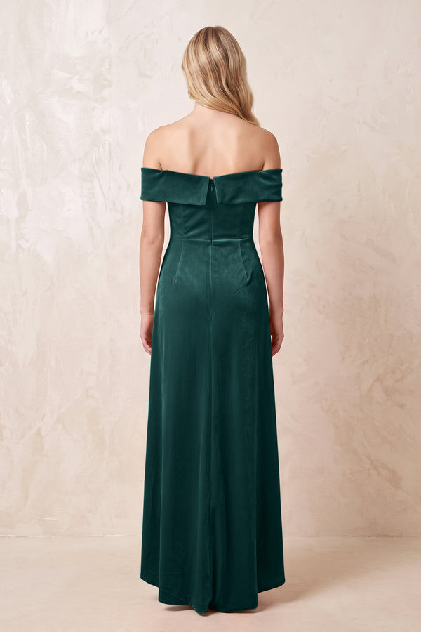 Off - the - Shoulder Sheath Velvet Midi Bridesmaid Dress in Pine - KISS BRIDAL Bridesmaid Dresses