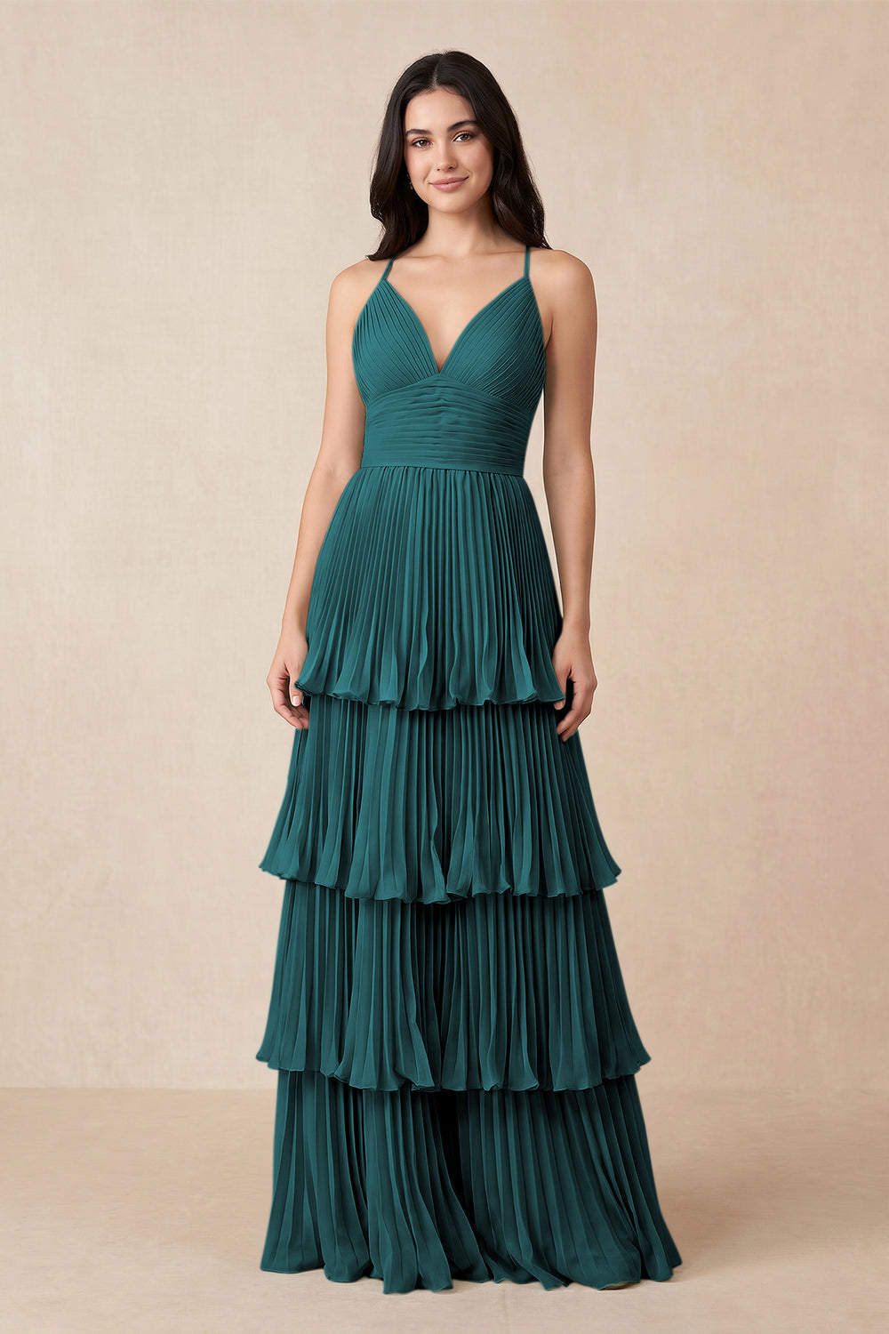 Tiered Pleated V-Neck A-Line Chiffon Bridesmaid Dress in Pine