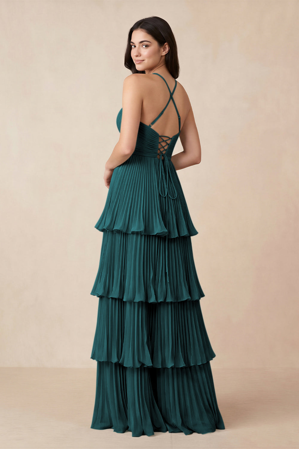 Tiered Pleated V-Neck A-Line Chiffon Bridesmaid Dress in Pine