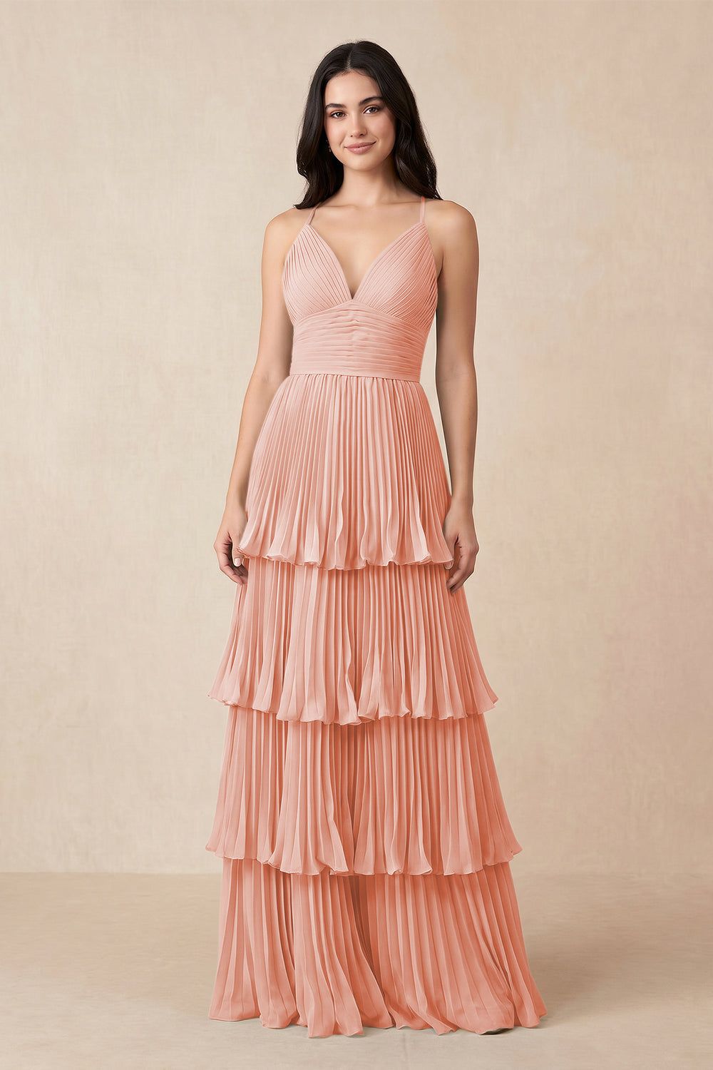 Tiered Pleated V-Neck A-Line Chiffon Bridesmaid Dress in Rose Petal