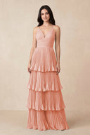 Tiered Pleated V - Neck A - Line Chiffon Bridesmaid Dress in Rose Petal - KISS BRIDAL Bridesmaid Dresses