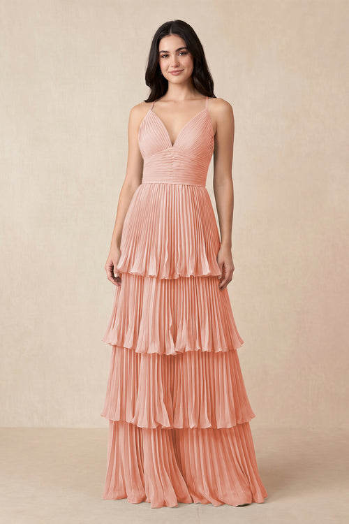 Tiered Pleated V - Neck A - Line Chiffon Bridesmaid Dress in Rose Petal - KISS BRIDAL Bridesmaid Dresses