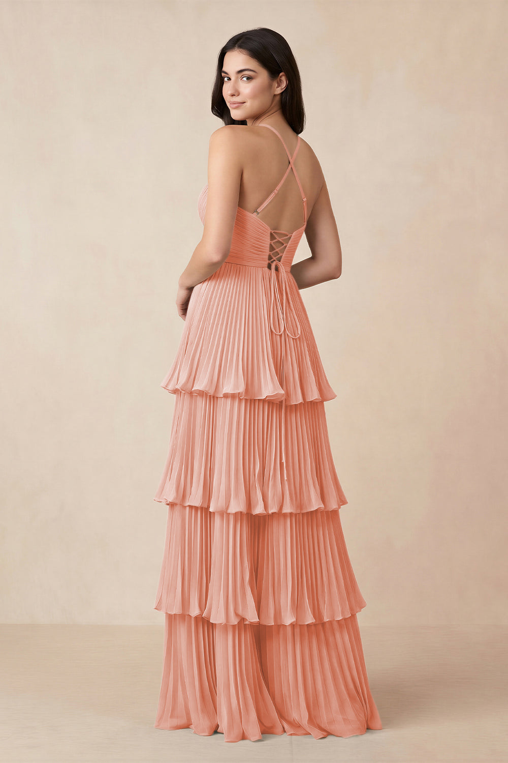 Tiered Pleated V-Neck A-Line Chiffon Bridesmaid Dress in Rose Petal