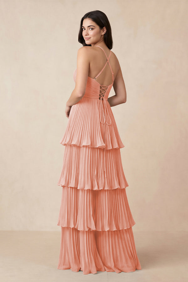 Tiered Pleated V - Neck A - Line Chiffon Bridesmaid Dress in Rose Petal - KISS BRIDAL Bridesmaid Dresses