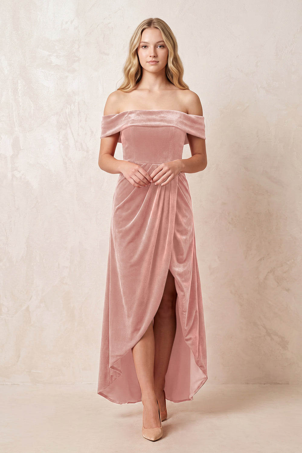 Off-the-Shoulder Sheath Velvet Midi Bridesmaid Dress in Rose Petal