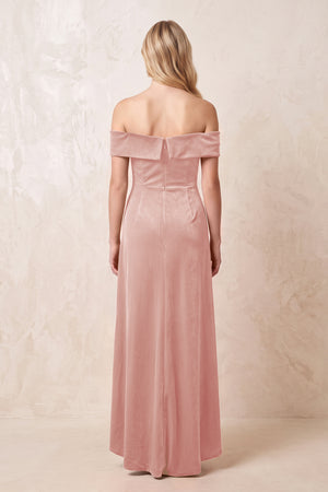 Off - the - Shoulder Sheath Velvet Midi Bridesmaid Dress in Rose Petal - KISS BRIDAL Bridesmaid Dresses