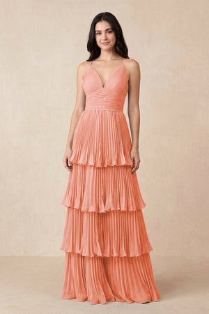Tiered Pleated V - Neck A - Line Chiffon Bridesmaid Dress in Rosette - KISS BRIDAL Bridesmaid Dresses
