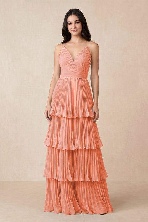 Tiered Pleated V - Neck A - Line Chiffon Bridesmaid Dress in Rosette - KISS BRIDAL Bridesmaid Dresses