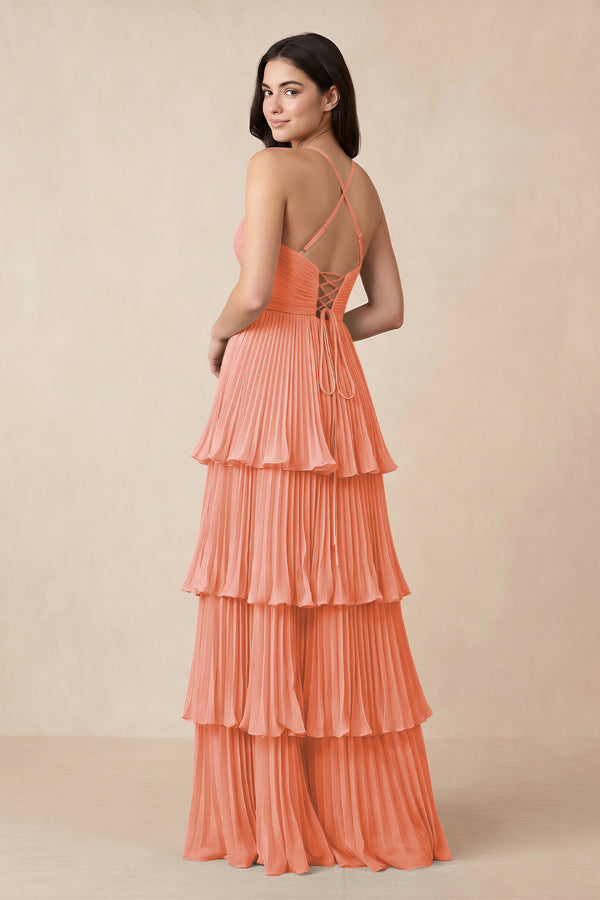 Tiered Pleated V - Neck A - Line Chiffon Bridesmaid Dress in Rosette - KISS BRIDAL Bridesmaid Dresses