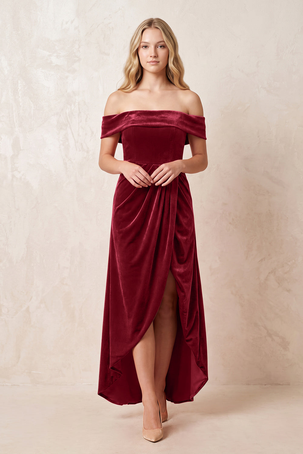 Off-the-Shoulder Sheath Velvet Midi Bridesmaid Dress in Rosewood