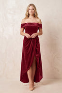 Off - the - Shoulder Sheath Velvet Midi Bridesmaid Dress in Rosewood - KISS BRIDAL Bridesmaid Dresses