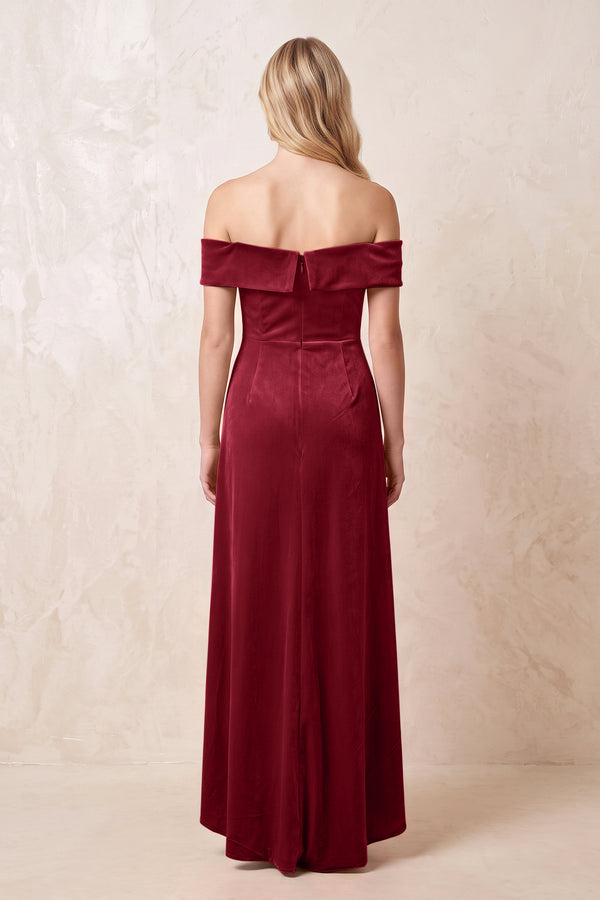 Off - the - Shoulder Sheath Velvet Midi Bridesmaid Dress in Rosewood - KISS BRIDAL Bridesmaid Dresses