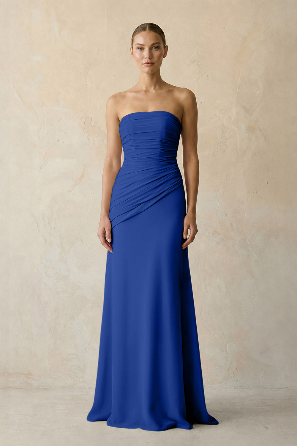 Sheath Chiffon Strapless Pleated Bridesmaid Dress in Royal Blue