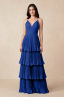 Tiered Pleated V - Neck A - Line Chiffon Bridesmaid Dress in Royal Blue - KISS BRIDAL Bridesmaid Dresses