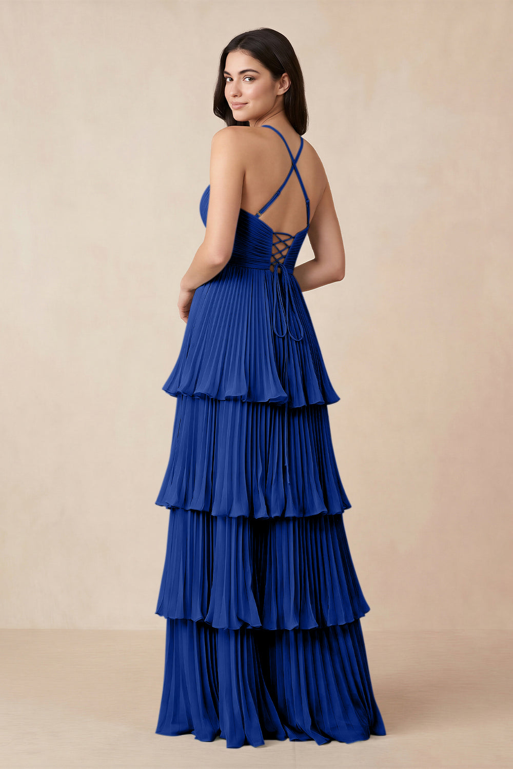 Tiered Pleated V-Neck A-Line Chiffon Bridesmaid Dress in Royal Blue