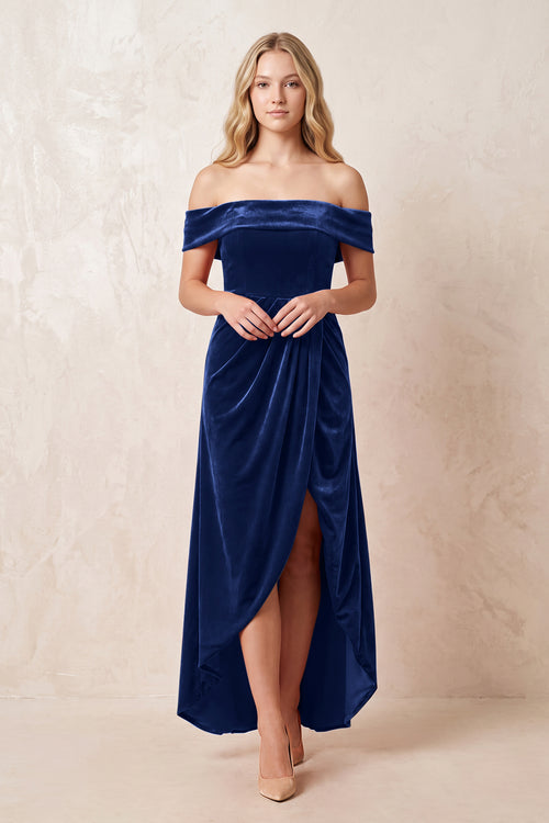 Off - the - Shoulder Sheath Velvet Midi Bridesmaid Dress in Royal Blue - KISS BRIDAL Bridesmaid Dresses