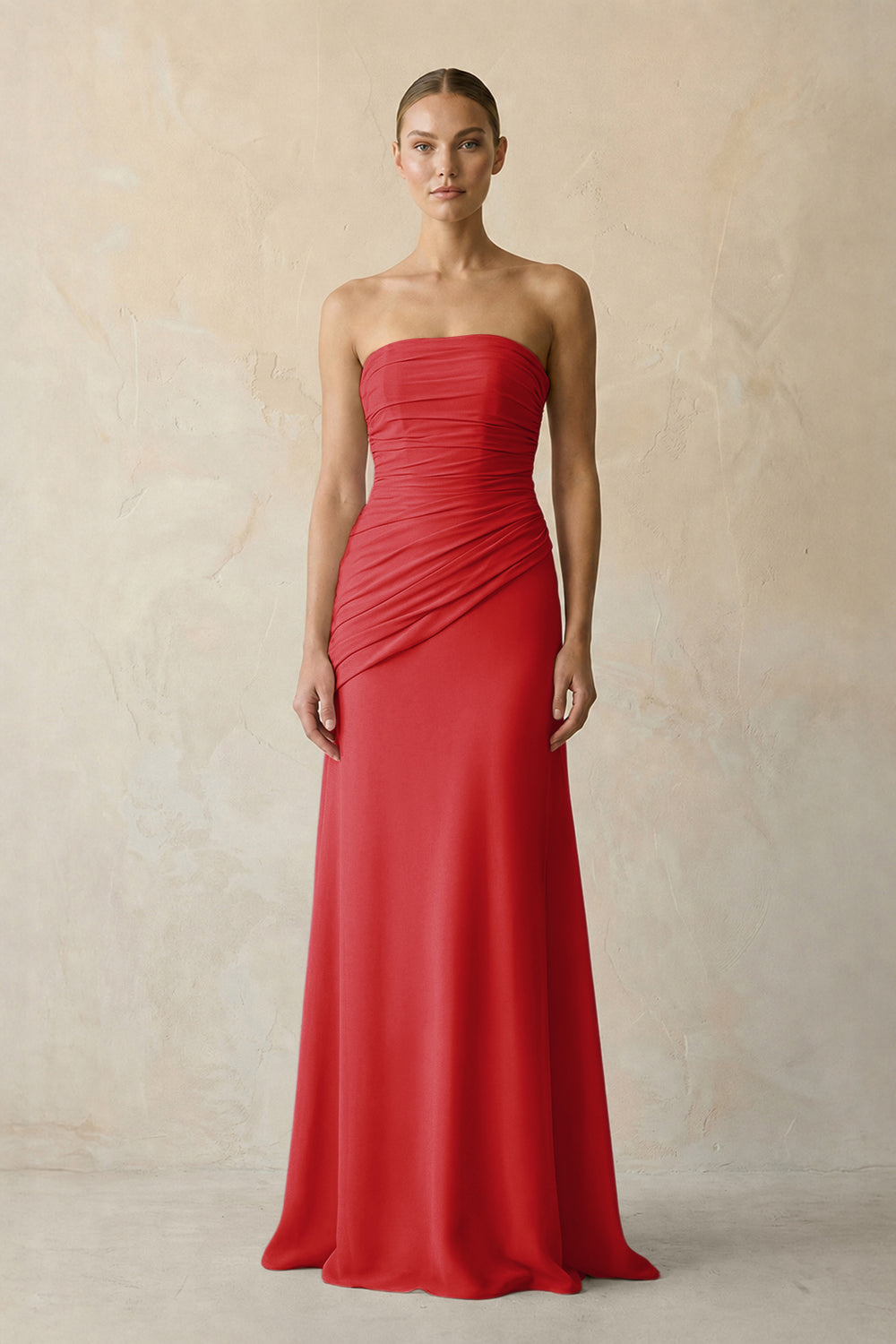 Sheath Chiffon Strapless Pleated Bridesmaid Dress in Ruby Red