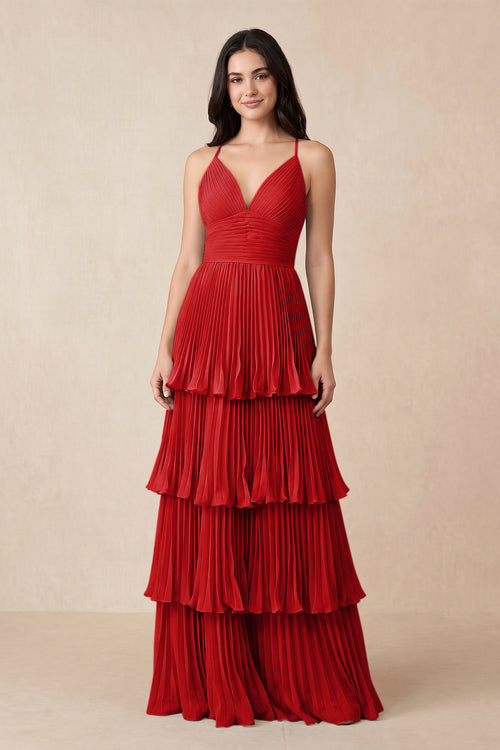 Tiered Pleated V - Neck A - Line Chiffon Bridesmaid Dress in Ruby Red - KISS BRIDAL Bridesmaid Dresses