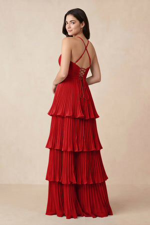 Tiered Pleated V - Neck A - Line Chiffon Bridesmaid Dress in Ruby Red - KISS BRIDAL Bridesmaid Dresses