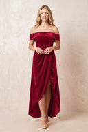 Off - the - Shoulder Sheath Velvet Midi Bridesmaid Dress in Ruby Red - KISS BRIDAL Bridesmaid Dresses