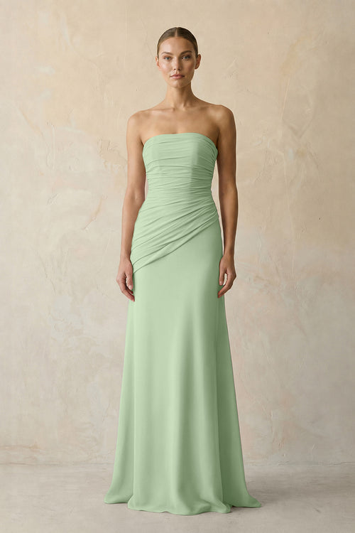 Sage Sheath Chiffon Strapless Pleated Bridesmaid Dress in Matcha - KISS BRIDAL Bridesmaid Dresses