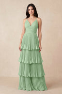 Tiered Pleated V - Neck A - Line Chiffon Bridesmaid Dress in Sage - KISS BRIDAL Bridesmaid Dresses