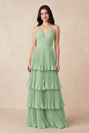 Tiered Pleated V - Neck A - Line Chiffon Bridesmaid Dress in Sage - KISS BRIDAL Bridesmaid Dresses