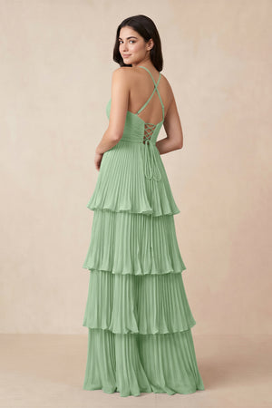 Tiered Pleated V - Neck A - Line Chiffon Bridesmaid Dress in Sage - KISS BRIDAL Bridesmaid Dresses