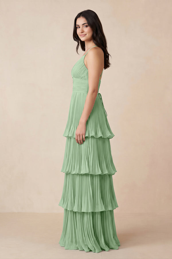Tiered Pleated V - Neck A - Line Chiffon Bridesmaid Dress in Sage - KISS BRIDAL Bridesmaid Dresses