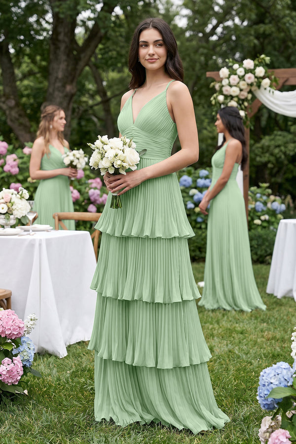 Tiered Pleated V - Neck A - Line Chiffon Bridesmaid Dress in Sage - KISS BRIDAL Bridesmaid Dresses