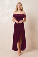Off - the - Shoulder Sheath Velvet Midi Bridesmaid Dress in Sangria - KISS BRIDAL Bridesmaid Dresses