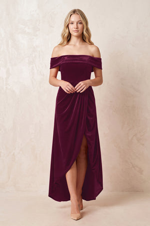 Off - the - Shoulder Sheath Velvet Midi Bridesmaid Dress in Sangria - KISS BRIDAL Bridesmaid Dresses