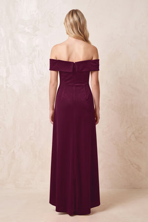 Off - the - Shoulder Sheath Velvet Midi Bridesmaid Dress in Sangria - KISS BRIDAL Bridesmaid Dresses