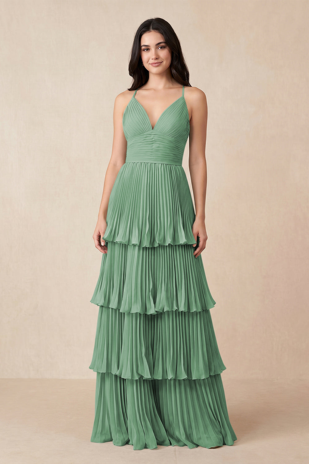 Tiered Pleated V-Neck A-Line Chiffon Bridesmaid Dress in Sea Glass