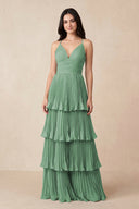 Tiered Pleated V - Neck A - Line Chiffon Bridesmaid Dress in Sea Glass - KISS BRIDAL Bridesmaid Dresses
