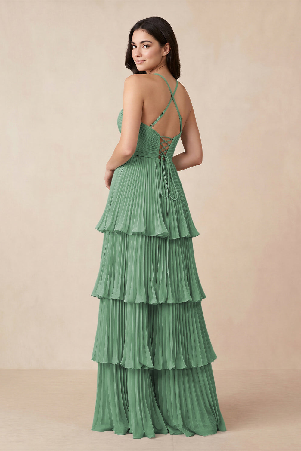 Tiered Pleated V-Neck A-Line Chiffon Bridesmaid Dress in Sea Glass